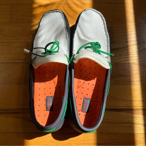 SWIMS Braided Lace Loafers Men's Sz 10 White Navy Green Machine Wash Mesh Rubber - Picture 1 of 10